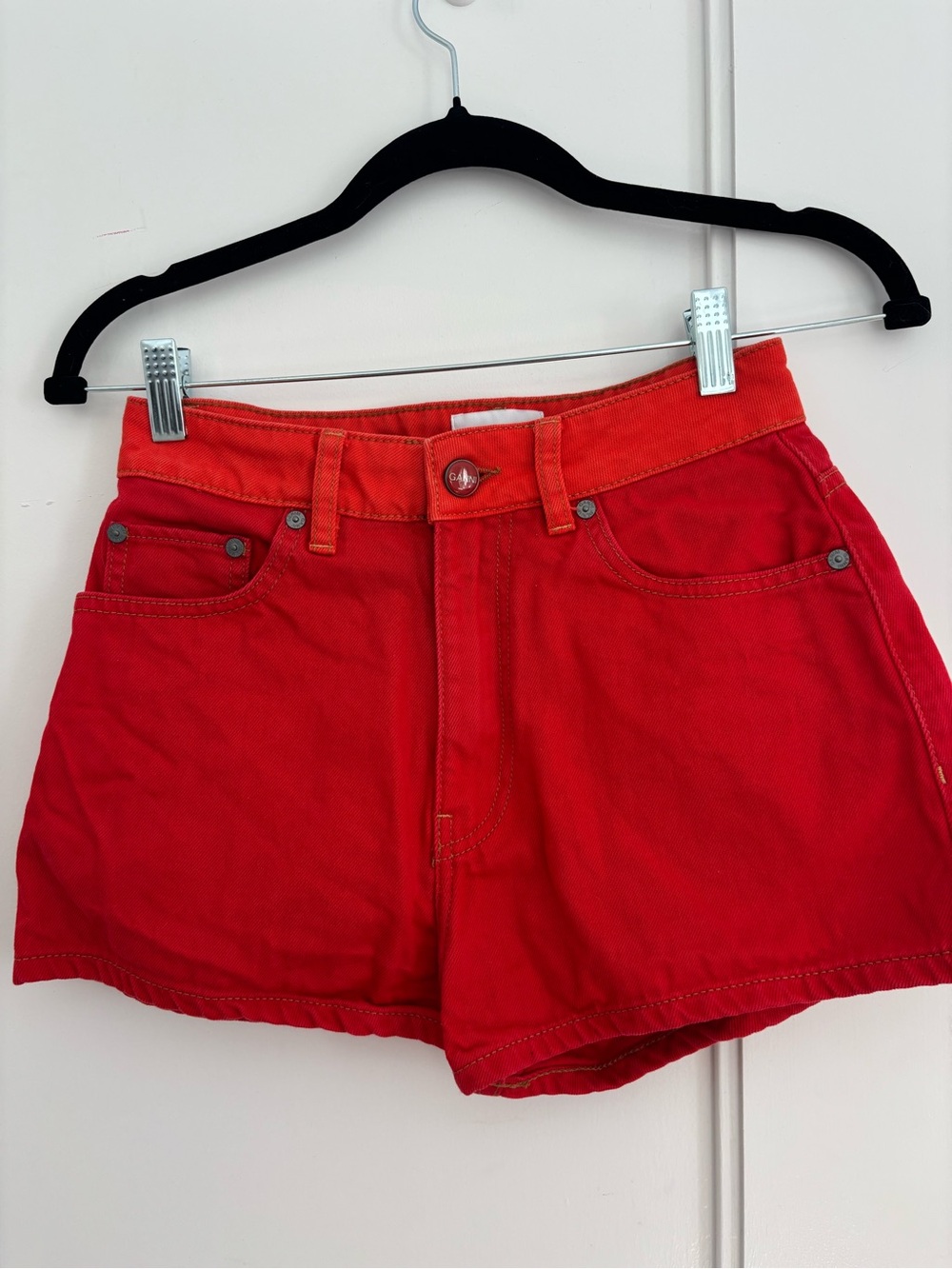 Ganni Red Denim High-Waist Shorts